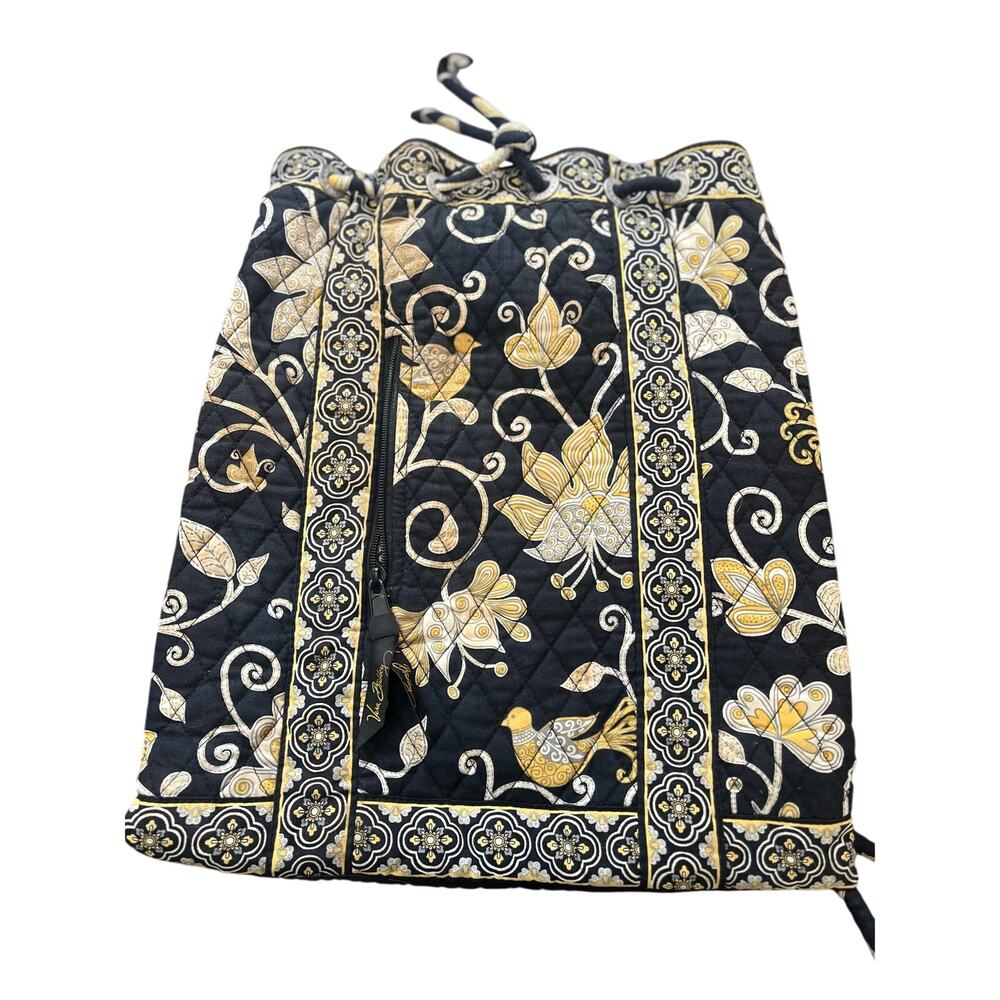 Vera Bradley Miller Backpack Drawstring Bag Black Gold Floral Bird QuiltedCotton